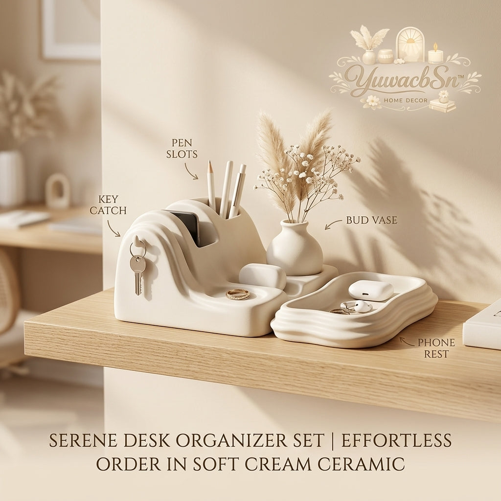 YuwacbSn™ Ceramic Desk Organizer Set - Aesthetic Minimalist Office Decor, 3-Piece Cream White Wavy Vanity Tray with Pen Holder, Key Catch, Phone Rest & Mini Bud Vase, Modern Cute Room Organizer & Jewelry Trinket Dish
