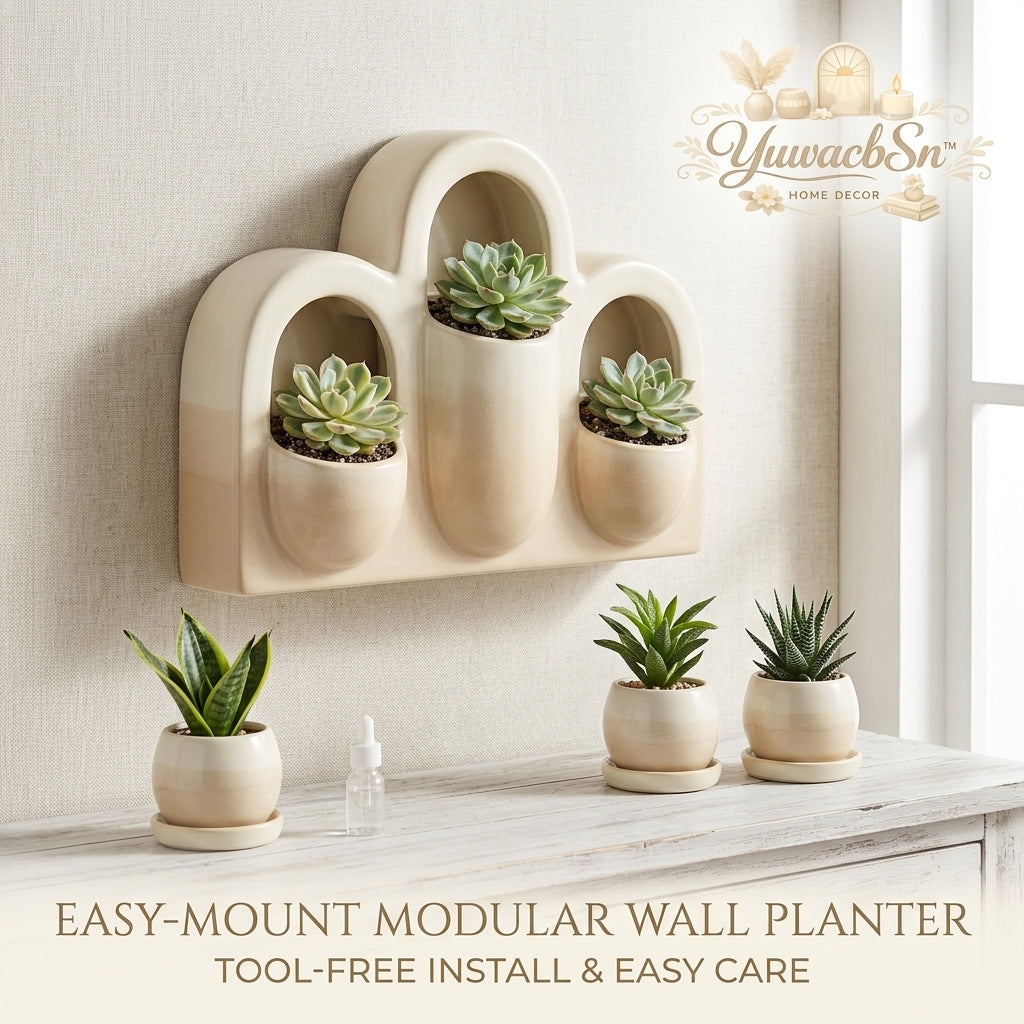 YuwacbSn™ Modular Wall Planter - 3-Pocket Ceramic Style Arch Wall Mounted Planter for Indoor Plants | Tool-Free Install Boho Home Decor Succulent Pots, Modern Arch Hanging Planter for Living Room, Kitchen & Office