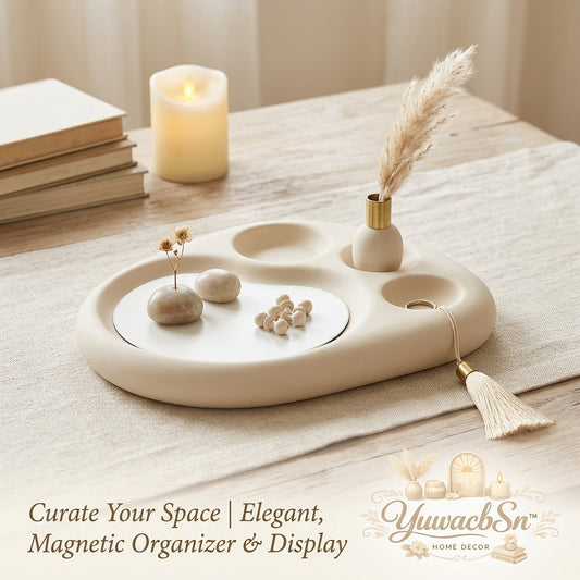 YuwacbSn™ Magnetic Valet Tray - Minimalist Ceramic Catchall Tray & Aesthetic Jewelry Organizer | Modern Wabi-Sabi Entryway Key Bowl, Dresser Decor, Desk Organizer with Magnetic Flower Pebbles & Bud Vase