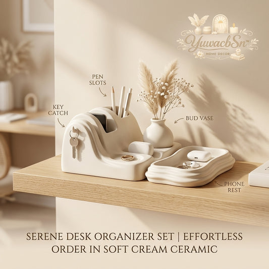 YuwacbSn™ Ceramic Desk Organizer Set - Aesthetic Minimalist Office Decor, 3-Piece Cream White Wavy Vanity Tray with Pen Holder, Key Catch, Phone Rest & Mini Bud Vase, Modern Cute Room Organizer & Jewelry Trinket Dish