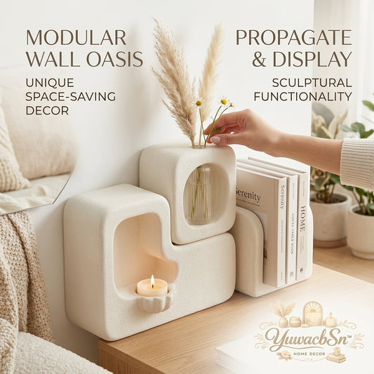 YuwacbSn™ Modular Sculptural Bookend & Propagation Vase – Japandi-Style Tabletop Organizer with Tea Light Candle Holder – Aesthetic Space-Saving Decor for Desks & Shelves