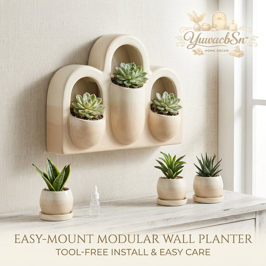 YuwacbSn™ Modular Wall Planter - 3-Pocket Ceramic Style Arch Wall Mounted Planter for Indoor Plants | Tool-Free Install Boho Home Decor Succulent Pots, Modern Arch Hanging Planter for Living Room, Kitchen & Office