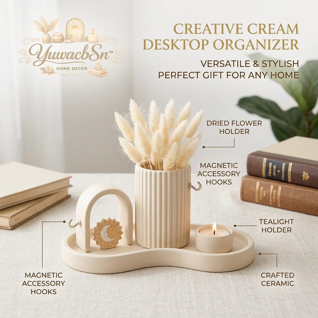 YuwacbSn™ Creative Cream Ceramic Desktop Organizer - Aesthetic Vanity Tray Set with Fluted Dried Flower Vase, Tealight Candle Holder & Magnetic Jewelry Hooks | Minimalist Boho Home Office Decor & Gift