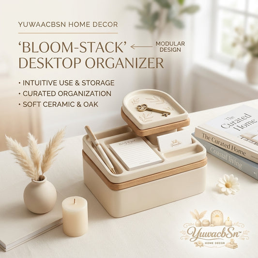 YuwacbSn™ 'Bloom-Stack' Modular Desktop Organizer | Aesthetic Soft Ceramic & Natural Oak Wood Stackable Storage Box | Multi-Functional Stationery Caddy, Vanity Catch-All Tray & Modern Home Decor